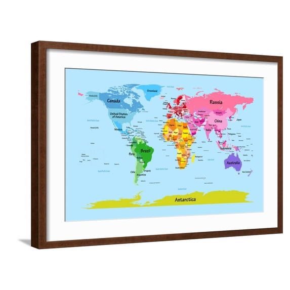 Art.com World Map with Big Text for Kids Art Print by Michael Tompsett, Brown Frame Wall Art, 29" x 21"