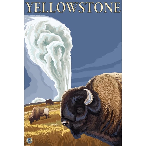 Art.com Yellowstone - Bison with Old Faithful Art Print by Lantern Press, 12" x 18"