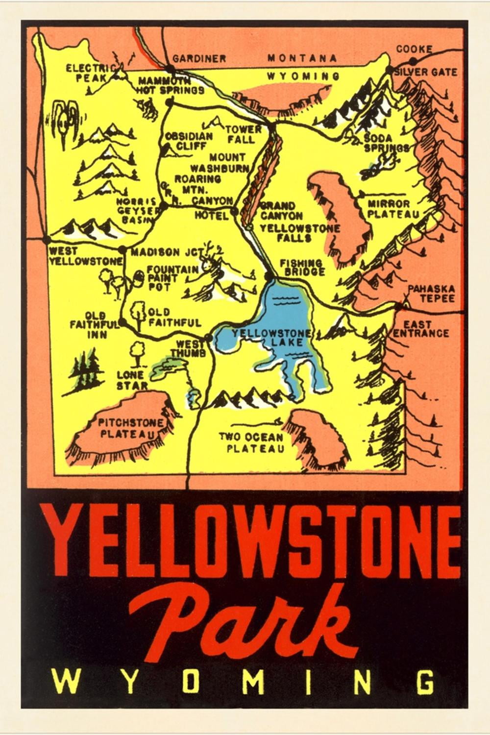 Yellowstone National Park Map, Montana Art Print, 24" x 36