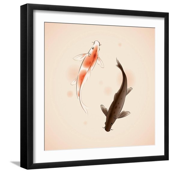 Art.com Yin Yang Koi Fishes In Oriental Style Painting Art Print by ori-artiste, Black Frame Wall Art, 21" x 21"