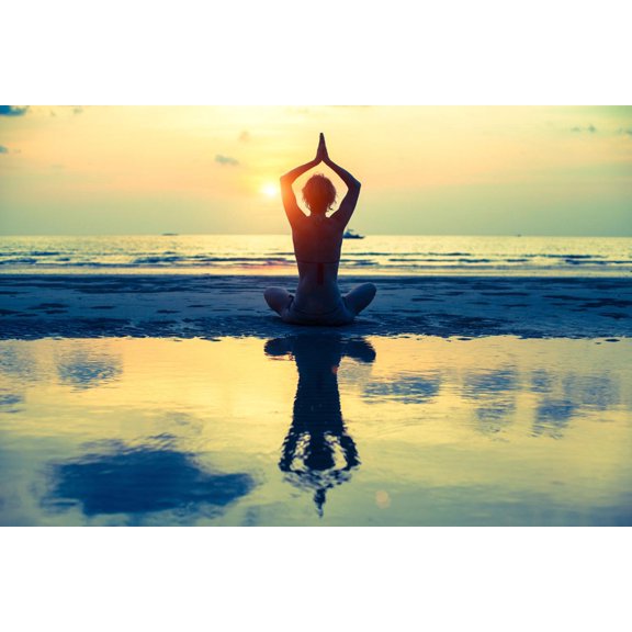 Art.com Yoga Woman Sitting In Lotus Pose On The Beach During Sunset Art Print by De Visu, 24" x 16"