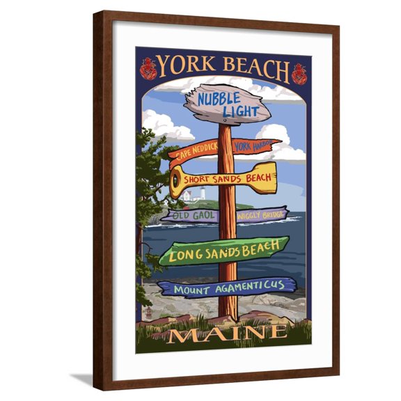 Art.com York Beach, Maine - Sign Destinations Art Print by Lantern Press, Brown Frame Wall Art, 21" x 29"