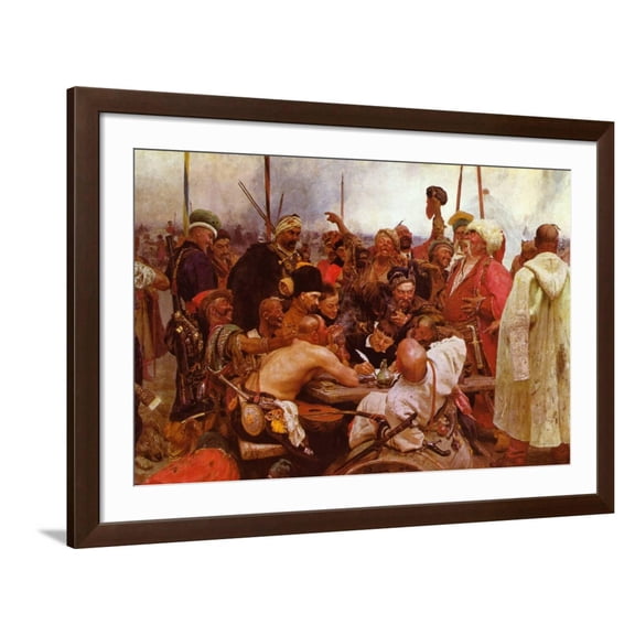 Art.com Zaraporoski Cossacks Send the Turkish Sultan Mahmoud Iv a Letter Art Print by Ilya Repin, Brown Frame Wall Art, 44" x 32"