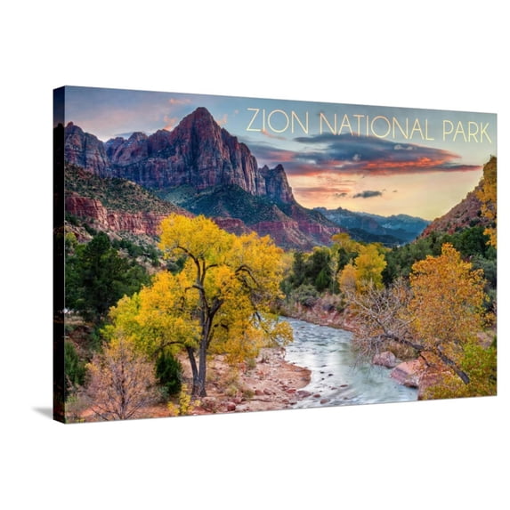 Art.com Zion National Park, Utah - Watchman as the Virgin River Stretched Canvas Print Wall Art by Lantern Press, 36" x 24"