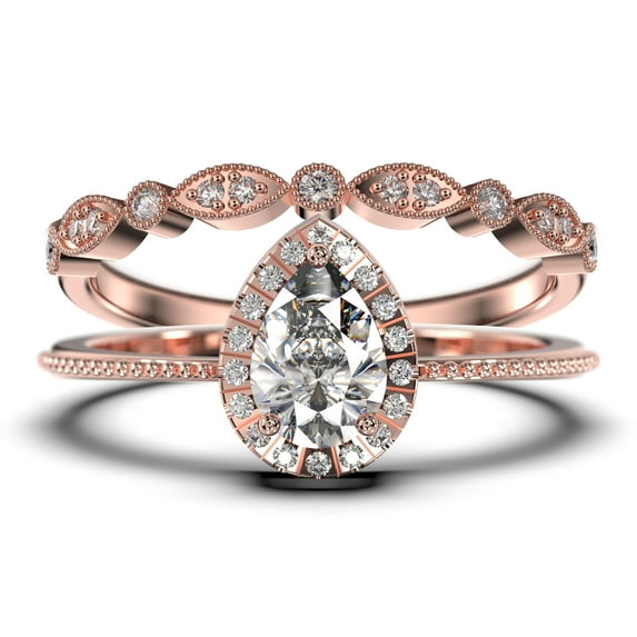 Art deco 1.75 Carat Vintage Pear Cut Diamond Moissanite Engagement Ring Set, Wedding Ring in 925 Sterling Silver With 18k Rose Gold Plating Gift For Her Promise Ring Anniversary Ring