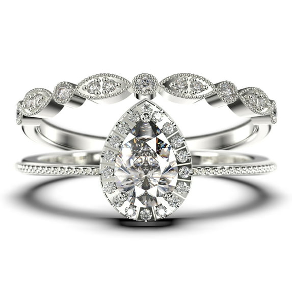 Art deco 1.75 Carat Vintage Pear Cut Diamond Moissanite Engagement Ring Set, Wedding Ring in 925 Sterling Silver With 18k White Gold Plating Gift For Her Promise Ring Anniversary Ring
