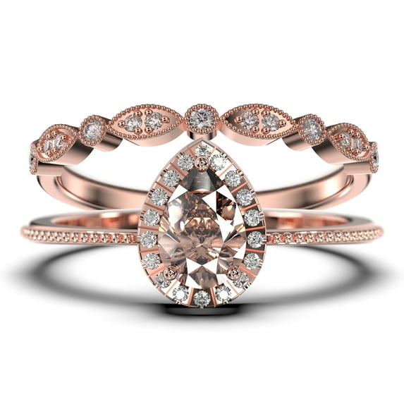Art deco 1.75 Carat Vintage Pear Cut Morganite And Diamond Moissanite Engagement Ring Set, Wedding Ring in 925 Sterling Silver With 18k Rose Gold Plating Gift For Her Promise Ring Anniversary Ring
