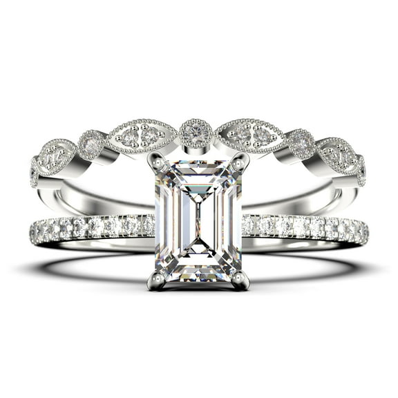 Art deco 2.00 Carat Emerald Cut Diamond Moissanite Engagement Ring Set, Wedding Ring in 10k Solid White Gold, Feminine Gift, Promise Ring, Anniversary Gift