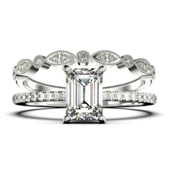 Art deco 2.00 Carat Emerald Cut Diamond Moissanite Engagement Ring Set, Wedding Ring in 10k Solid White Gold, Feminine Gift, Promise Ring, Anniversary Gift