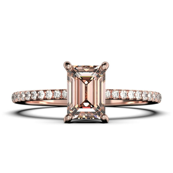 Art deco 2.00 Carat Emerald Cut Morganite And Diamond Moissanite Engagement Ring Set, Wedding Ring in 10k Solid Rose Gold, Feminine Gift, Promise Ring, Anniversary Gift