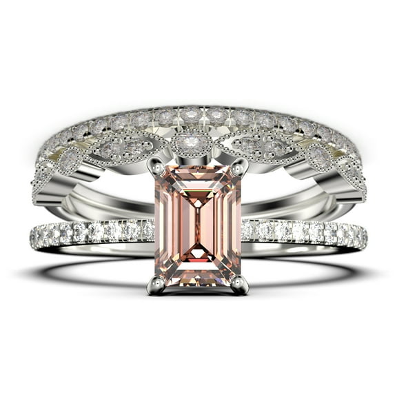 Art deco 2.00 Carat Emerald Cut Morganite And Diamond Moissanite Engagement Ring Set, Wedding Ring in 10k Solid White Gold, Feminine Gift, Promise Ring, Anniversary Gift