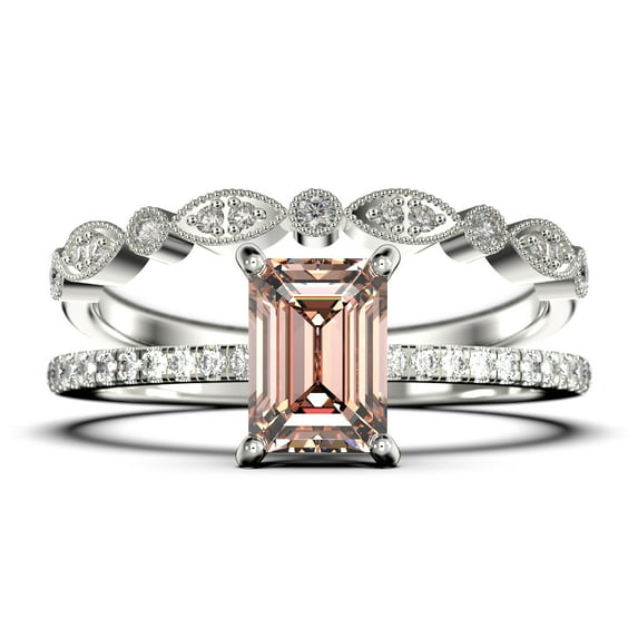 Art deco 2.00 Carat Emerald Cut Morganite And Diamond Moissanite Engagement Ring Set, Wedding Ring in 10k Solid White Gold, Feminine Gift, Promise Ring, Anniversary Gift