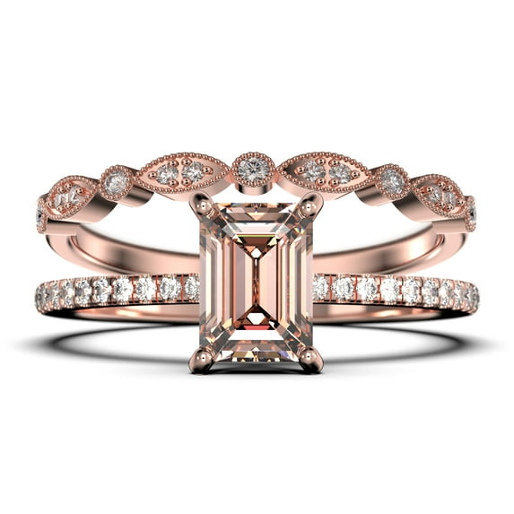 Art deco 2.00 Carat Emerald Cut Morganite And Diamond Moissanite Engagement Ring Set, Wedding Ring in 925 Sterling Silver With 18k Rose Gold Plating Feminine Gift, Promise Ring, Anniversary Gift