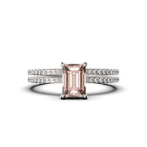 Art deco 2.00 Carat Emerald Cut Morganite And Diamond Moissanite Engagement Ring Set, Wedding Ring in 925 Sterling Silver With 18k White Gold Plating Feminine Gift, Promise Ring, Anniversary Gift