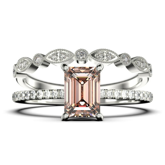 Art deco 2.00 Carat Emerald Cut Morganite And Diamond Moissanite Engagement Ring Set, Wedding Ring in 925 Sterling Silver With 18k White Gold Plating Feminine Gift, Promise Ring, Anniversary Gift