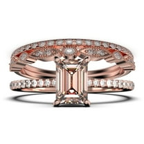 Art deco 2.00 Carat Emerald Cut Morganite And Diamond Moissanite Engagement Ring Set, Wedding Ring in 10k Solid Rose Gold, Feminine Gift, Promise Ring, Anniversary Gift