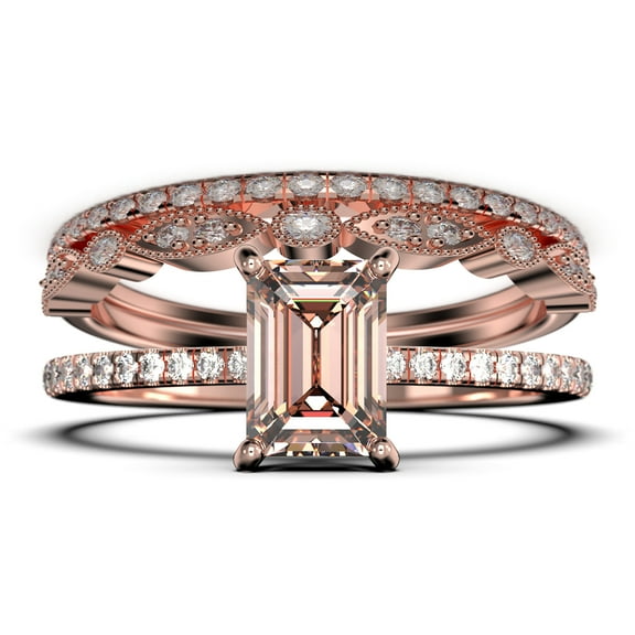 Art deco 2.00 Carat Emerald Cut Morganite And Diamond Moissanite Engagement Ring Set, Wedding Ring in 10k Solid Rose Gold, Feminine Gift, Promise Ring, Anniversary Gift