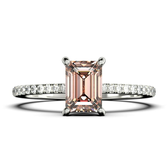 Art deco 2.00 Carat Emerald Cut Morganite And Diamond Moissanite Engagement Ring Set, Wedding Ring in 925 Sterling Silver With 18k White Gold Plating Feminine Gift, Promise Ring, Anniversary Gift