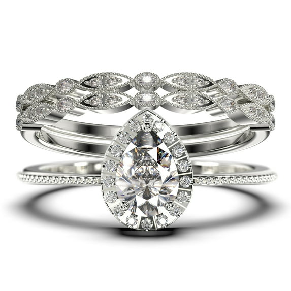 Art deco 2.00 Carat Vintage Pear Cut Diamond Moissanite Engagement Ring Set, Wedding Ring in 925 Sterling Silver With 18k White Gold Plating Gift For Her Promise Ring Trio set