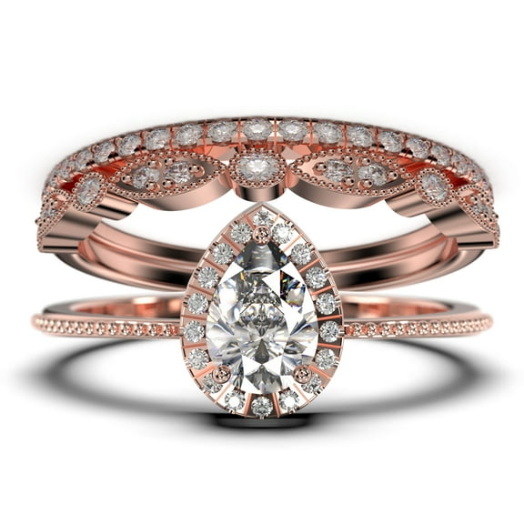 Art deco 2.00 Carat Vintage Pear Cut Diamond Moissanite Engagement Ring Set, Wedding Ring in 10k Solid White Gold, Gift For Her Promise Ring Trio set