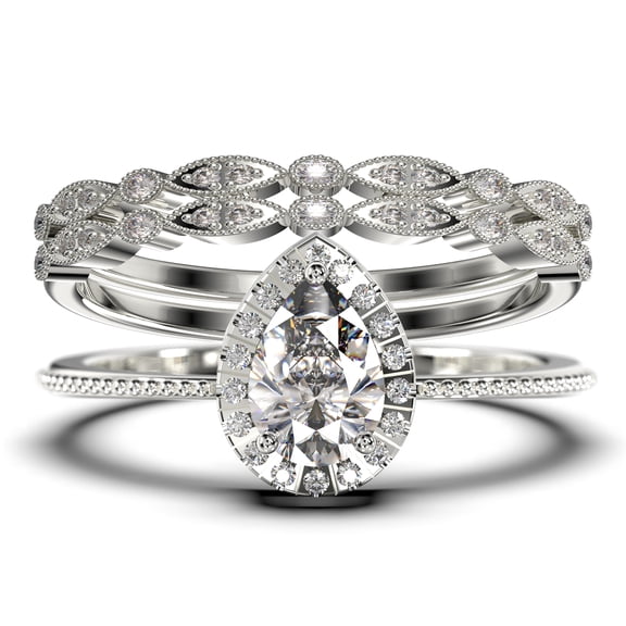 Art deco 2.00 Carat Vintage Pear Cut Diamond Moissanite Engagement Ring Set, Wedding Ring in 10k Solid White Gold, Gift For Her Promise Ring Trio set
