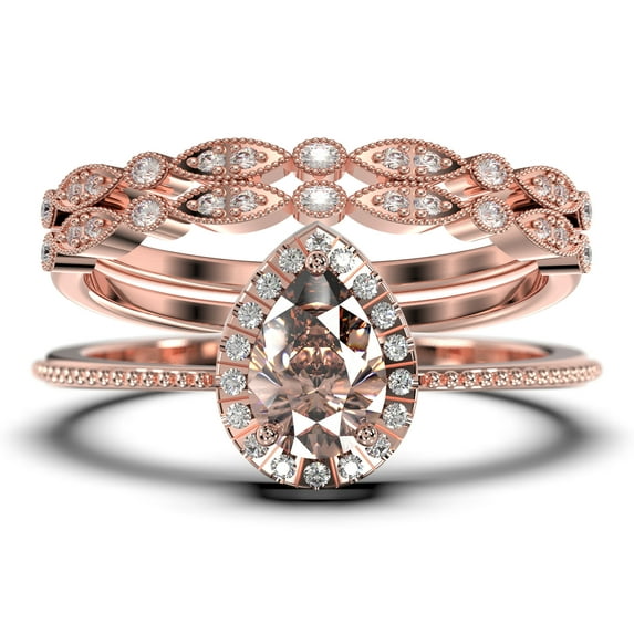 Art deco 2.00 Carat Vintage Pear Cut Morganite And Diamond Moissanite Engagement Ring Set, Wedding Ring in 10k Solid White Gold, Gift For Her Promise Ring Trio set
