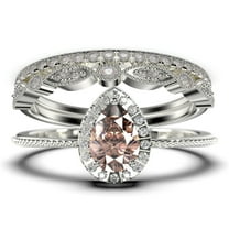Art deco 2.00 Carat Vintage Pear Cut Morganite And Diamond Moissanite Engagement Ring Set, Wedding Ring in 10k Solid White Gold, Gift For Her Promise Ring Trio set