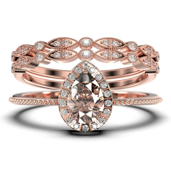 Art deco 2.00 Carat Vintage Pear Cut Morganite And Diamond Moissanite Engagement Ring Set, Wedding Ring in 925 Sterling Silver With 18k White Gold Plating Gift For Her Promise Ring Trio set