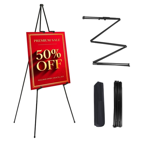 MXG Art Display Easel - 66" Instant Poster Roll-Up Stand Lightweight, Foldable Portable Non-Slip Mat Supports Up to 10 Pounds (Black - 4 Cards)