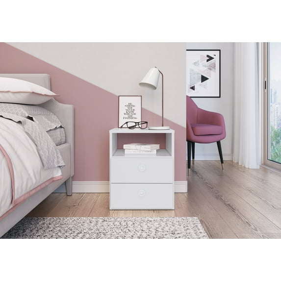 Art in Furniture Nightstand with 2 Drawers and 1 Shelf – Compact Bedside Table – MDP Construction – White or Black – 77lbs Capacity (White)