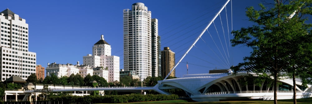 Art museum with skyscrapers in the background Milwaukee Art Museum Milwaukee Wisconsin USA Canvas Art - Panoramic Images (6 x 18)