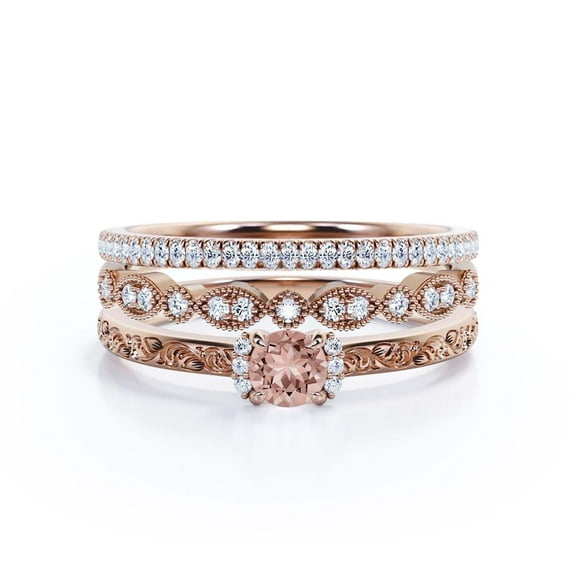 Art nouvea 1.75 Carat Round Cut Morganite And Diamond Moissanite Unique Engagement Ring, Wedding Ring in 925 Sterling Silver With 18k Rose Gold Plating Trio Set, Matching Band, Anniversary Ring
