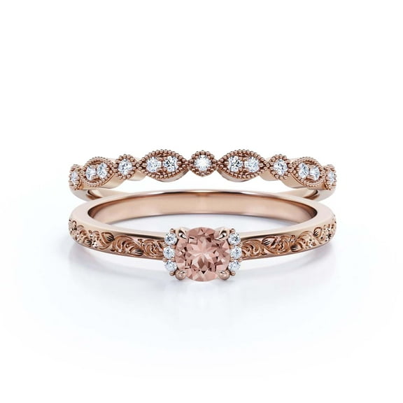 Art nouvea Gift For Her 1.25 Carat Round Cut Morganite And Diamond Moissanite Unique Engagement Ring, Wedding Ring in10k Solid Rose Gold, Promise Ring, Anniversary Ring, Bridal Set, Matching Band