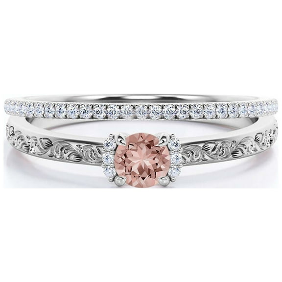 Art nouvea Gift For Her 1.25 Carat Round Cut Morganite And Diamond Moissanite Unique Engagement Ring, Wedding Ring in10k Solid White Gold, Promise Ring, Anniversary Ring, Bridal Set, Matching Band
