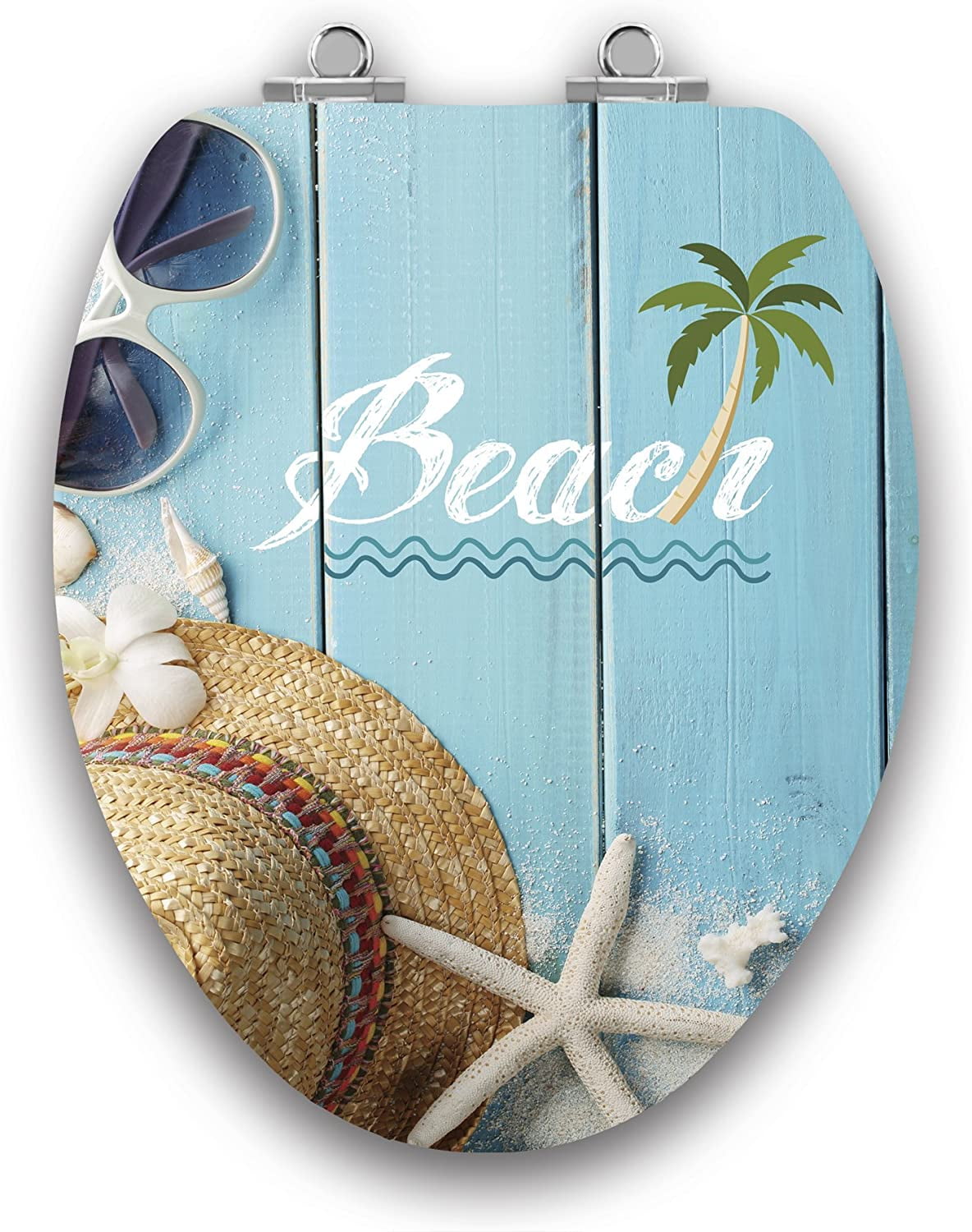 Beach Themed Blue Wood Elongated Toilet Seat with Acrylic Coating