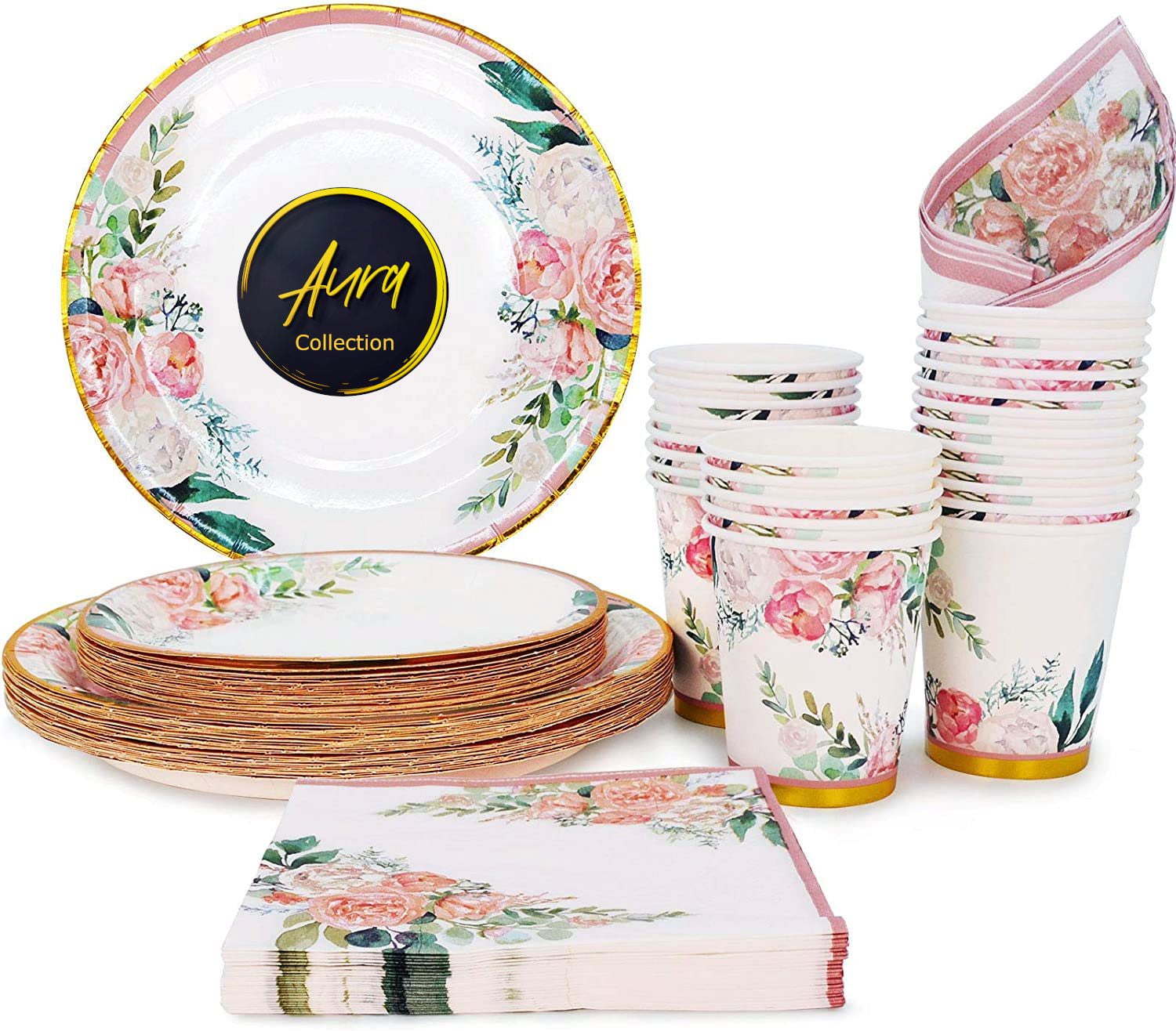 Art of Aurra Vintage Floral Disposable Round  Paper Pink Plates Cups & Napkins  Celebratory Occasion
