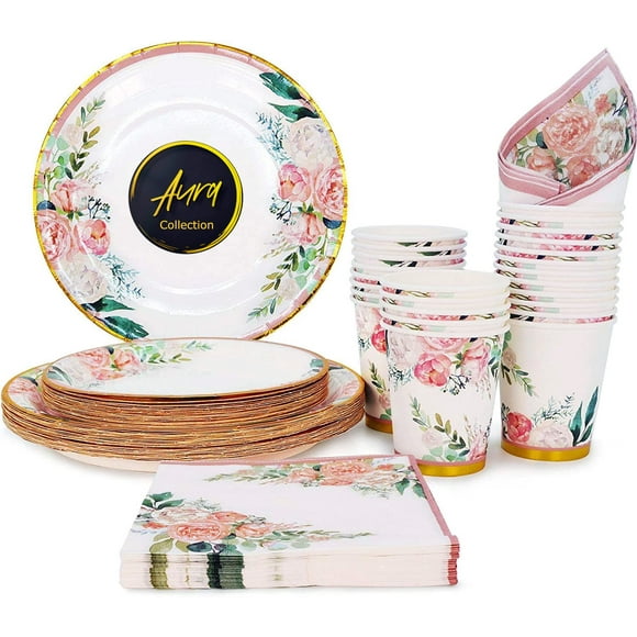 Art of Aurra Vintage Floral Disposable Round  Paper Pink Plates Cups & Napkins  Celebratory Occasion