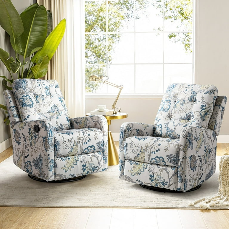 Art of Living Designs Arlette Floral Manual Swivel Recliner with Tufted Back Set of 2 Blue