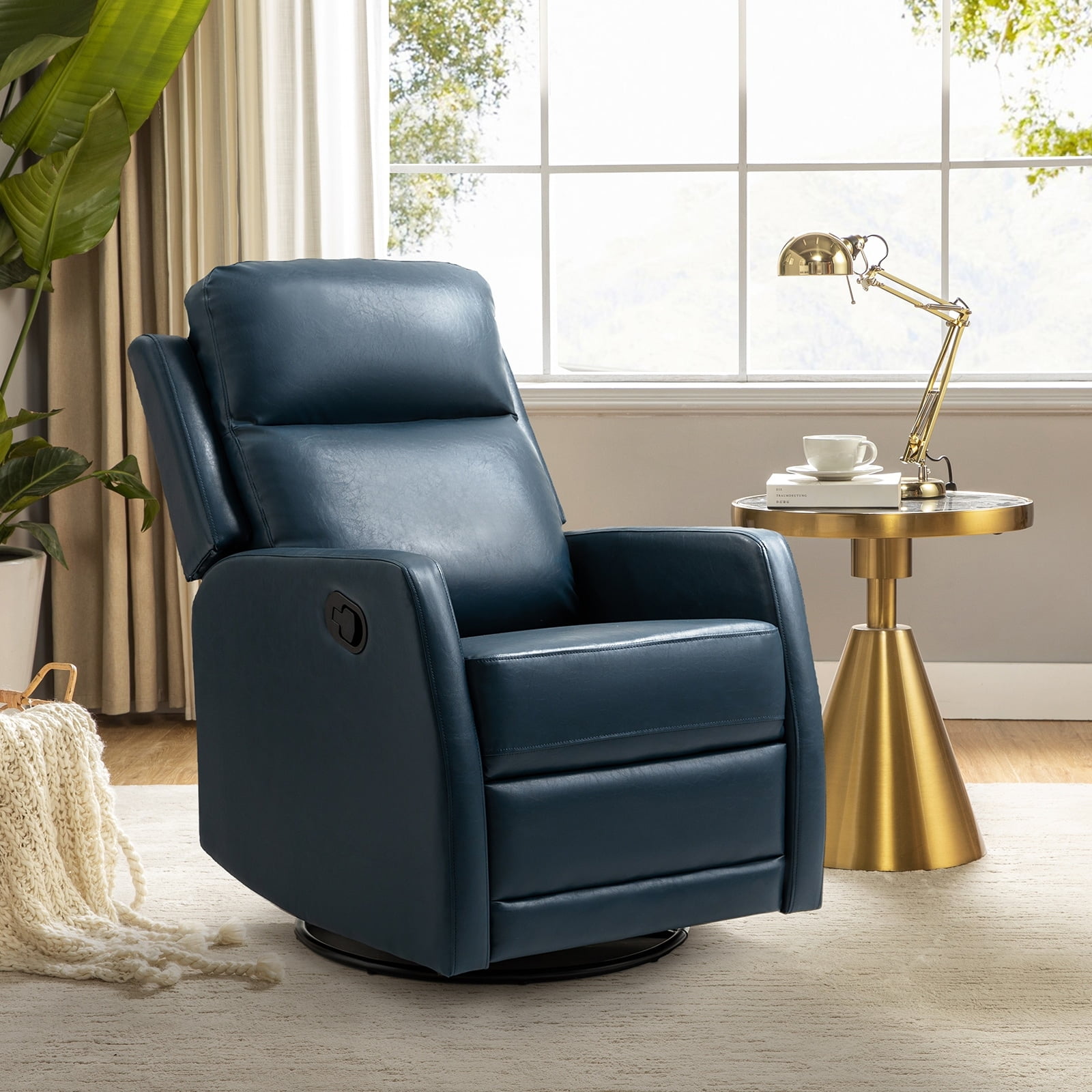 Art of Living Designs Esteban Modern Faux Leather Manual Rocking Swivel Recliner with Wingback Navy
