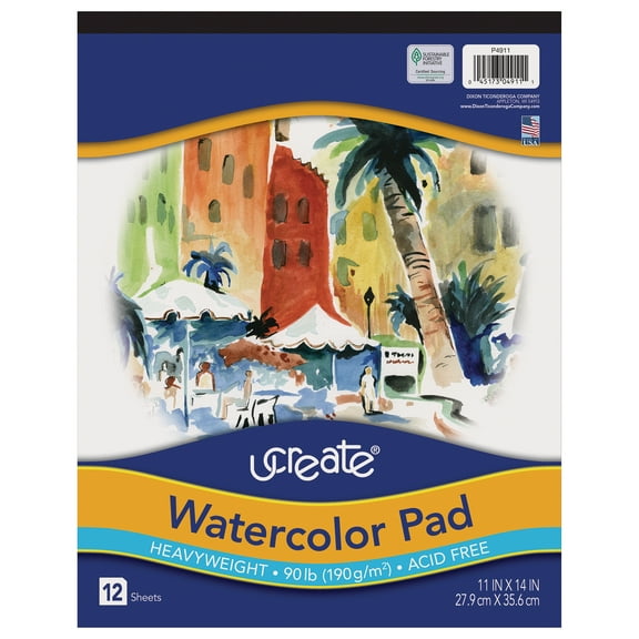 UCreate Watercolor Pad, 90 lb., 11" x 14", 12 Sheets