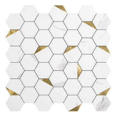 Art3d 10 Sheets Peel and Stick Backsplash Hexagon Mosaic Tiles-White Gold Marble