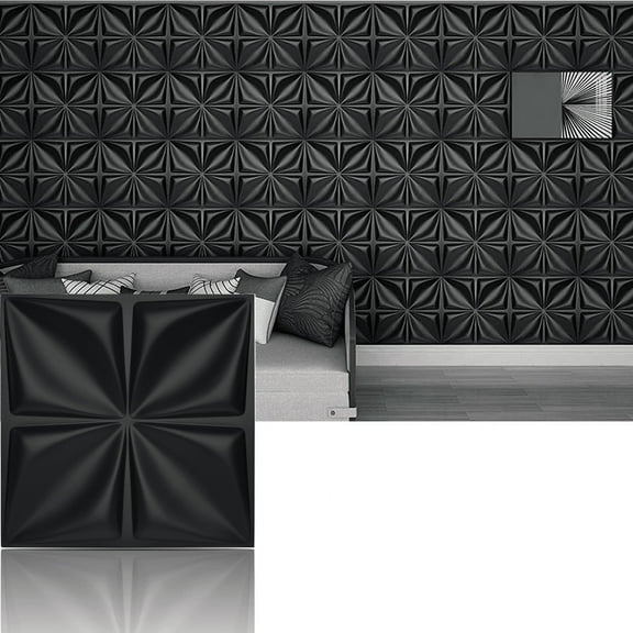 Art3d 12 Pack 19.7"x19.7" Decorative PVC 3D Textured Wall Panels in Matte Black Wallpaper