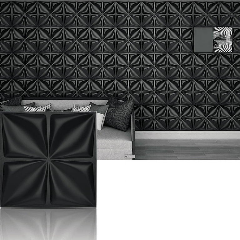 Art3d 12 Pack 19.7x19.7 Decorative PVC 3D Textured Wall Panels in Matte  Black Wallpaper