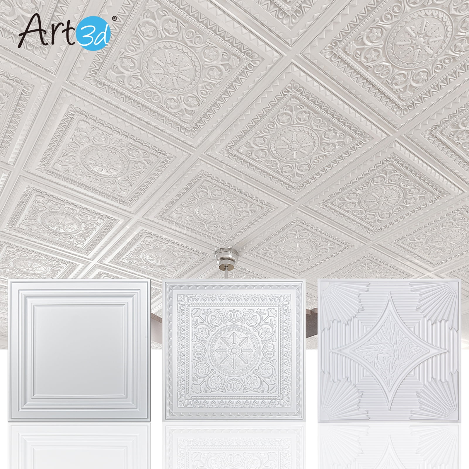 Art3d 12Piece 24"x24" PVC Ceiling Tiles Glue up in White