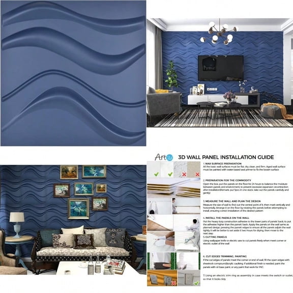 Art3d 19.7 x 19.7 Pack Of 12 Wall Panel Wave Blue