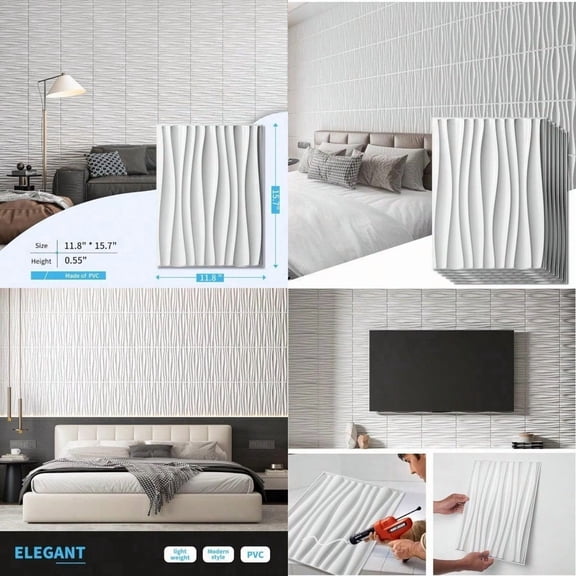 Art3d 24-Pack 3D Wall Panels for Interior Wall Decor PVC Wavy Textured Accent Wall Paneling for Living Room Bedroom TV Backdrop Office 15.7 x 11.8 Inch - White