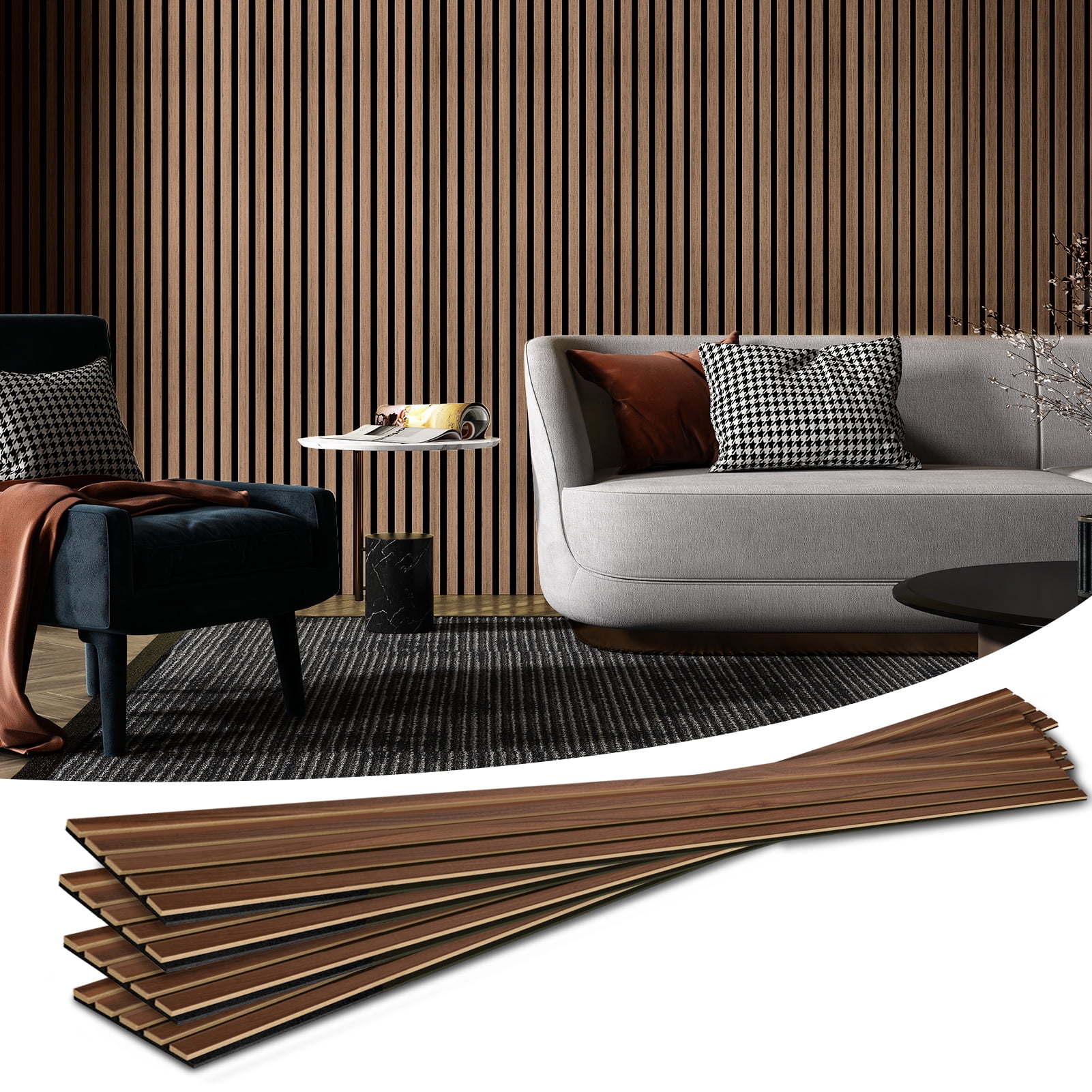 Art3d 4-Piece Wood Slat Acoustic Panels，3D Textured Panel for Ceiling and  Wall-Matte Black 