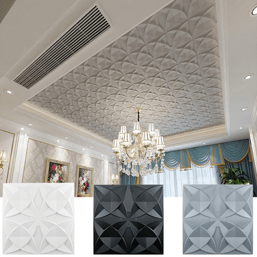 Art3d Ornamental Ceiling Tile 2x2 Glue up, PVC Ceiling Tile Pack of 12-Piece Black Flowers