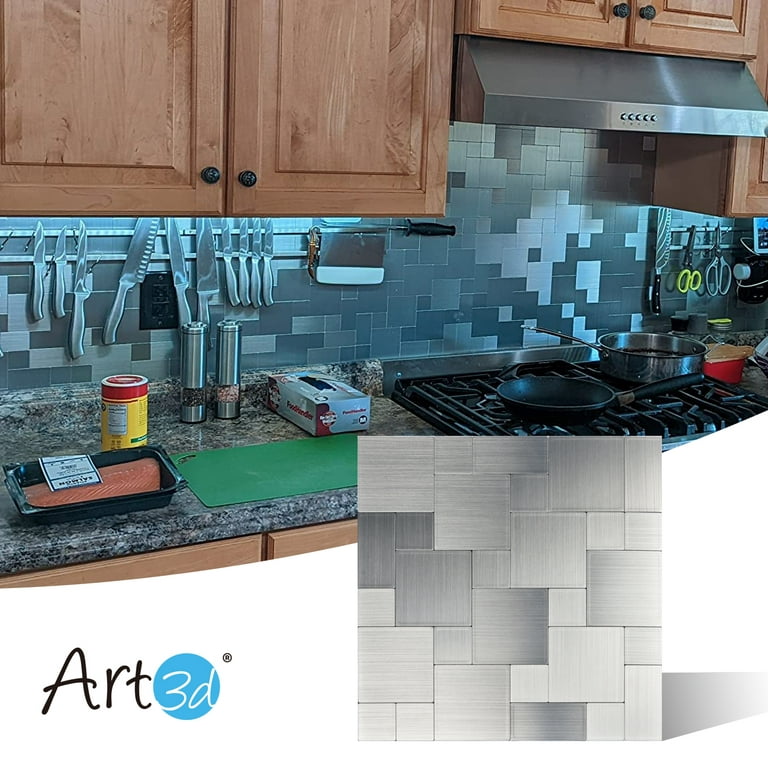 Art3d Peel and Stick Backsplash Tile for Kitchen, Kitchen Backsplash Peel  and Stick in Stainless Steel 1-Sheet