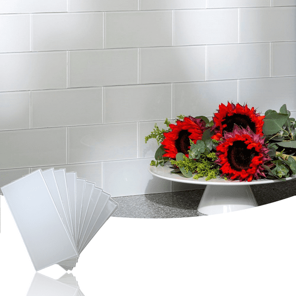 Art3d 32Pcs 3"x 6" Peel and Stick  Backsplash Glass Tiles for Kitchen,Bathroom,White Glass Wall Tiles,4 Sq Ft
